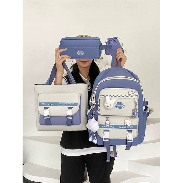  Set di 4 zaini scolastici per ragazze con borsa tote, astuccio e custodia con coulisse: grazioso zaino in stile kawaii per studentesse adolescenti