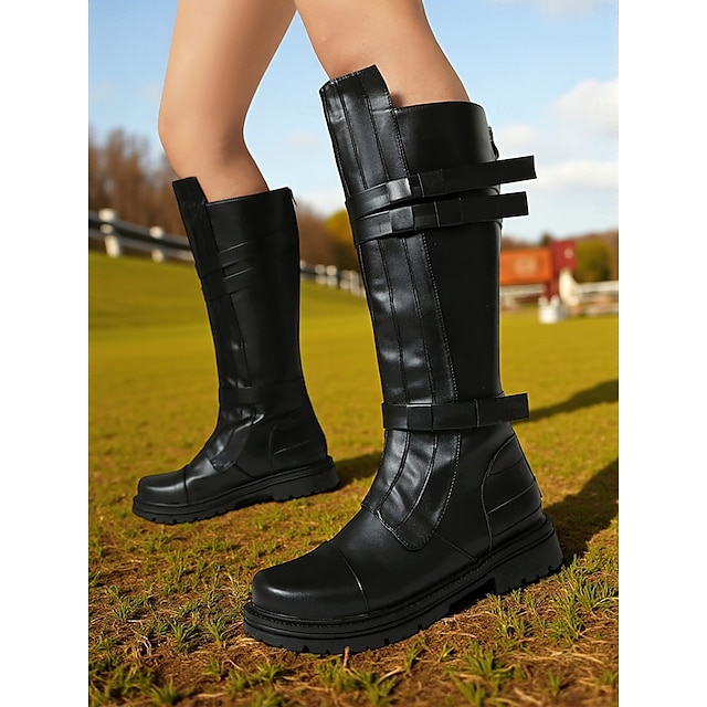  Bottes d'équitation marron pour femmes, montantes jusqu'aux genoux – style combat équestre à boucle en similicuir pour les aventures en plein air d'automne et le cosplay d'inspiration médiévale