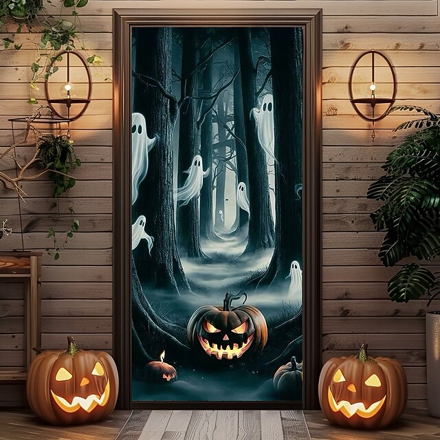 Halloween-Türabdeckung Mit Geister-Motiv – 180x80 Cm, Polyester, Inkl. Aufhänge-Seil Für Party-Deko