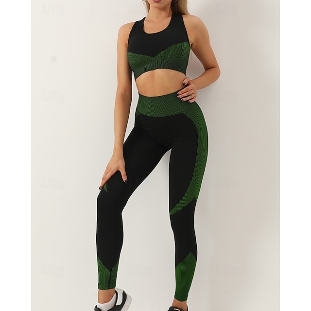  Dam 2 delar Yogatröja Loungekläder Sport-BH Sömlösa Leggings Lappverk Färgblock Träningsdräkter Sjöblå ArmyGreen Gymträning Hög midja Stretch Andningsfunktion Ärmlös Sport Sportkläder Smal