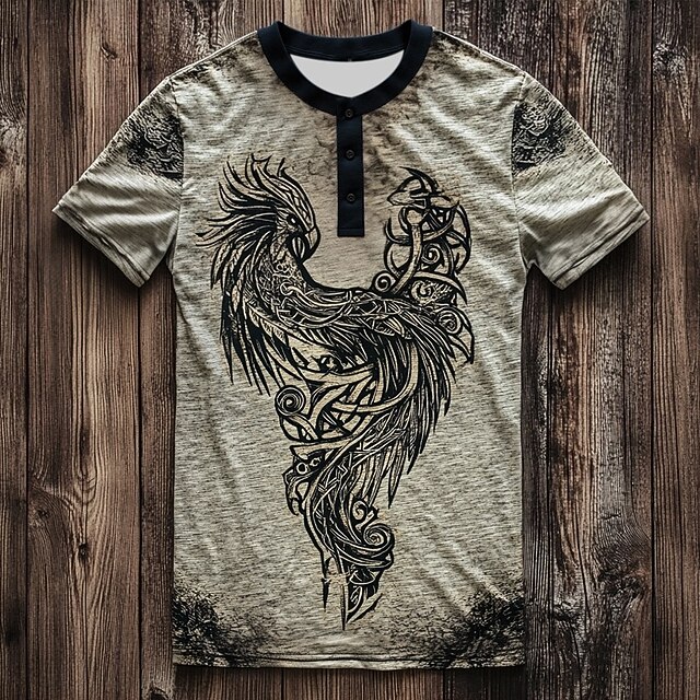 Men's Bird Pattern T Shirt Henley Shirt Short Sleeve Vintage Designer Retro Vintage Street Casual Daily Summer Spring All Seasons Khaki Henley Collar Henley Henley T-Shirt4