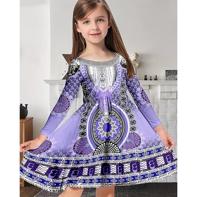  ragazze' 3D Grafico Abito Manica Lunga Estate Primavera Vacanza Quotidiano Ferie Principessa Bello Dolce Bambini 4-12 Anni Vestito Casual Abito a trapezio Lunghezza al ginocchio Vestibilità regolare