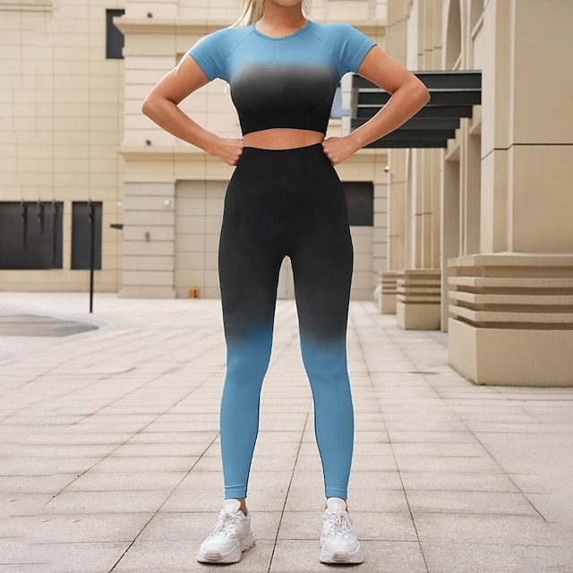  Dam 2 delar Yogatröja Loungekläder Färggradient Träningsdräkter Svart Rodnande Rosa Gymträning Hög midja Stretch Andningsfunktion Kortärmad Sport Sportkläder Smal