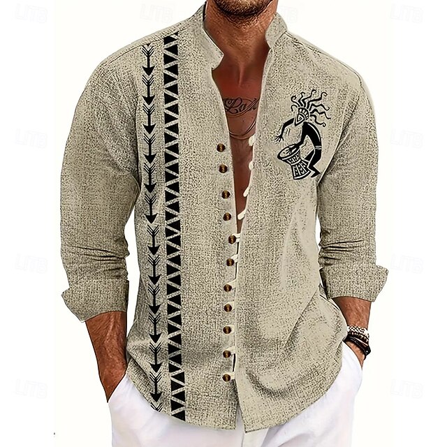 Men's Ethnic Indian Culture Kokopelli Shirt Stand Collar Shirt Long Sleeve Vintage Retro Vacation Daily Wear Going out Spring Fall Mandarin Collar Band Collar Button-Down Linen Like Shirt Khaki4