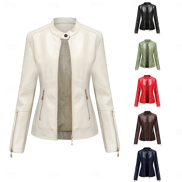  Women's Faux Leather Jacket Comfortable Pocket Full Zip Fashion Street Style Plain Outdoor Casual Daily Regular Stand Collar Regular Fit Long Sleeve Outerwear Red Green Beige Fall Winter