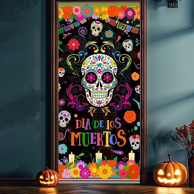 Halloween Door Cover Neon Sugar Skull Día de los Muertos Banner, Glowing Blacklight Entrance Decoration for Outdoor & Indoor 2025 Halloween Bedroom, Living Room, Bathroom4
