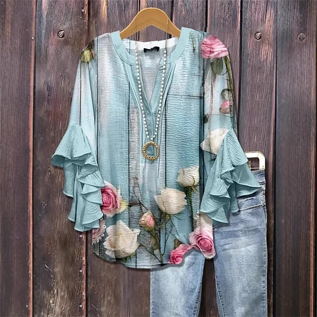 Women's T Shirt Tee Top Floral Fashion Modern Short Sleeve V Neck Regular Tops Daily Going out Beach Wear Ruffle Print Blue Summer Spring4