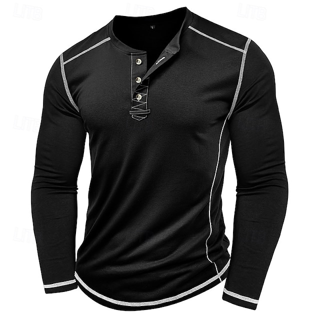  Men's T Shirt Henley Shirt Henley Top Long Sleeve Solid Color Vintage Casual Contrast Stitching Henley Outdoor Causal Casual Spring Fall Spring &  Fall Black White Gray Henley T-Shirt