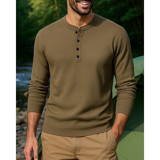  Hombre Sudadera Henley Manga Larga Cuello Barco Camiseta Al aire libre Transpirable Poliéster Café Tenis Rutina de ejercicio Corriendo