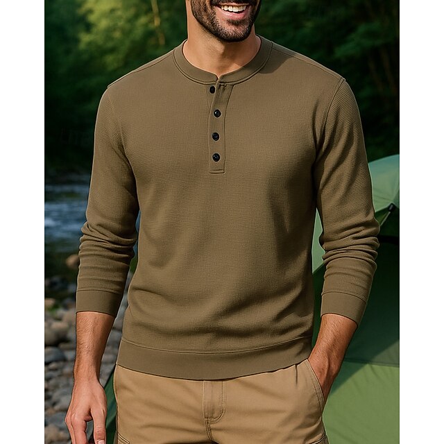 Men's Henley Sweatshirt Long Sleeve Crew Neck Top Outdoor Breathable Polyester Coffee Tennis Workout Running4
