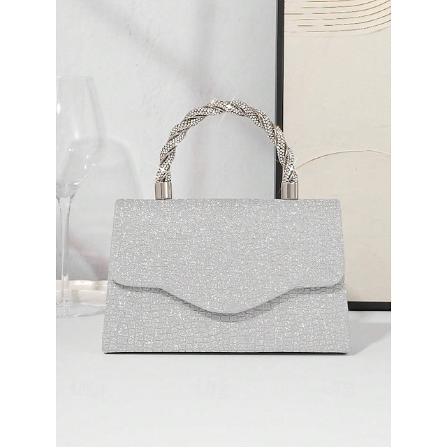  Bolso de mano para mujer con purpurina plateada y asa de diamantes de imitación: elegante bolso de noche para fiestas, bodas y cócteles.