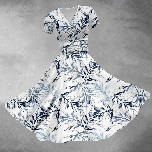 Women's Midi Dress Casual Dress Summer Dress Fashion Modern Daily Beach Weekend Regular Fit Leaf Short Sleeve V Neck Blue Spring Fall4