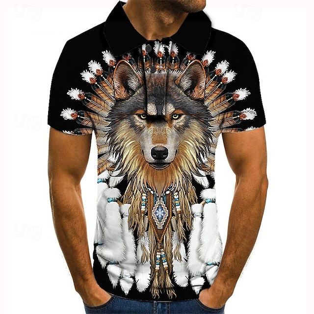  Herren Wolf Poloshirts Golfshirt Kurzarm Polo-Shirts Hemden mit Kragen Lässig Lustig Streetwear Urlaubskleidung Party-Outfits Knöpfe 3D-Druck Schwarz Rote Blau
