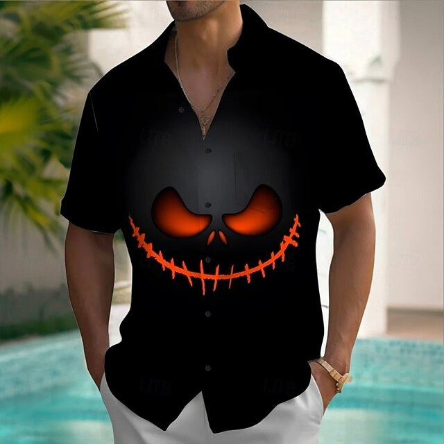 Halloween Men's Lantern Face Halloween Costumes Shirt Summer Shirt Button Up Shirt Short Sleeve Dark Gothic Style Outdoor Vacation Dailywear Summer Spring Turndown 3D Print Collared Shirts Front One4