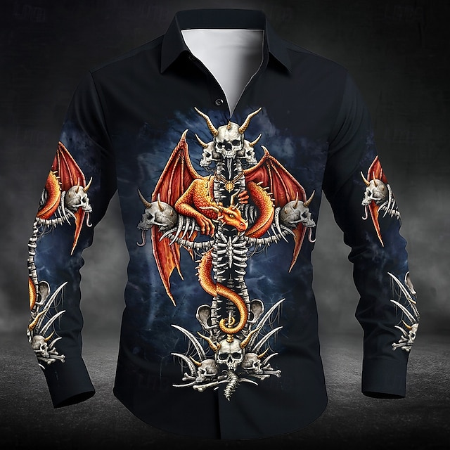  Dragon's Cross by Sarah Richter Men's Skull Dragon Button Up Shirt Long Sleeve Designer Shirt Limited Artist Edition
