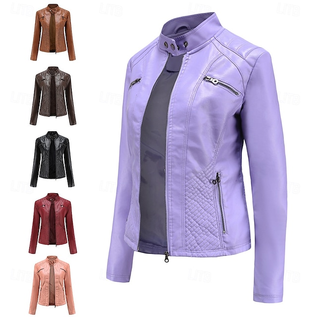  Per donna Giacca in Ecopelle Confortevole Tasca Cerniera completa Moda Stile da Strada Semplice All'aperto Casual Quotidiano Regolare Collo alla coreana Vestibilità regolare Manica Lunga Capispalla