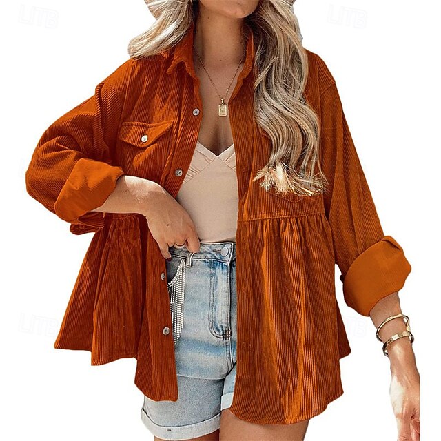 Women's Shirt Texture Blouse Plain Daily Stylish Basic Long Sleeve Shirt Collar Regular Tops Work Daily Holiday Pocket Buttons Wine Orange Khaki Spring Fall4