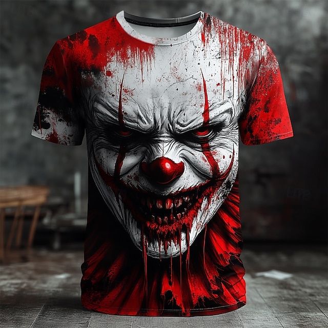  Halloween Homens 3D Palhaço Camiseta Manga Curta Camiseta Impressão 3D Gola Redonda Camisa Exagerado Designer Terror Festa Rua Casual Vermelho Preta & Cinzento Cinzento Verão Primavera Todas as