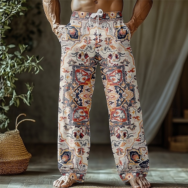  Herren Persisches Blumenmuster Hose Baggy-Hosen Freizeithose Mittlere Taille Ethno-Stil Böhmische Outdoor Urlaub Ferien Kordelzug Seitentaschen Elastischer Bund Sommer Frühling 3D-Druck Aprikose