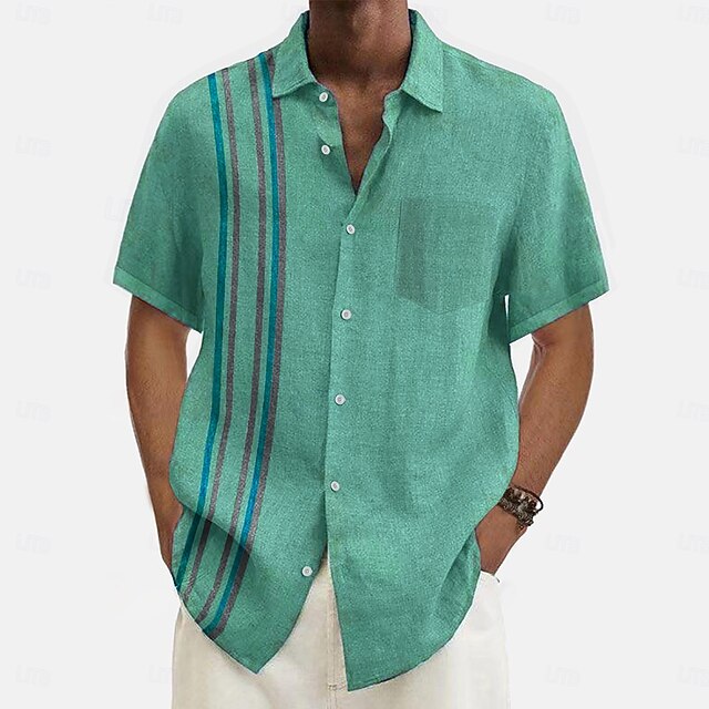 Men's Summer Shirt Casual Shirt Beach Shirt Button Up Shirt Blue Green Short Sleeve Pattern Stripes Lapel Vacation Hawaiian Clothing Apparel Polyester Fashion Casual Comfortable3