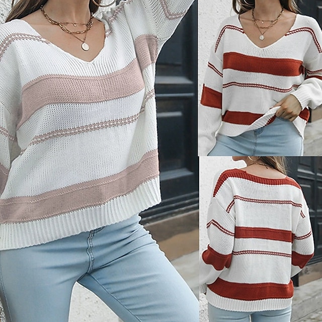  Damen Pullover Lässig Gestreift Grobstrick V Ausschnitt Gestrickt Langarm Normale Oberteile Stricken Täglich Ferien Ausgehen Rosa Rote Herbst Winter