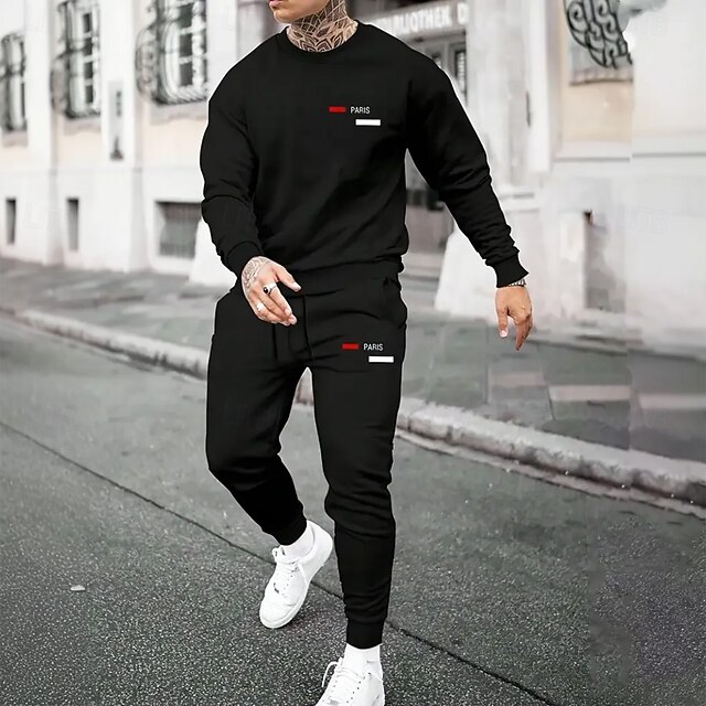  Miesten Pariisi 2kpl 3D-hupparisarjat Verryttelypuku Pullover-huppari Pitkähihainen Pitkät housut Tiukka pyöreä kaula-aukko Urheilullinen Rento arki Kausaliteetti 3D-tulostus Kevät Syksy Talvi Musta