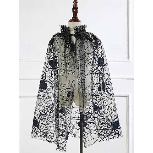  Women's Halloween Spider Web Cape – Sheer Black Mesh Shawl with Ruffled Collar, Lightweight Polyester Cloak for Costume Party, Cosplay and Witch Outfit