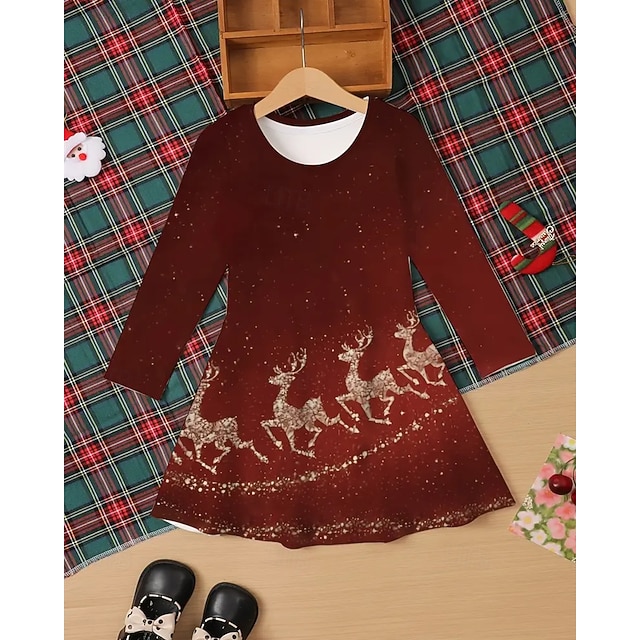  Navidad Girls ' 3D Cada Copo Vestido Manga Larga Verano Primavera Vacaciones Diario Festivos Princesa Hermosa Dulce Niños 4-12 años Vestido informal Vestido de una línea Hasta la Rodilla Ajuste