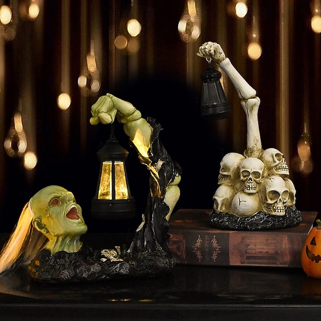  Statue de zombie squelette de lanterne d'Halloween, figurine en résine à moitié corps avec lumière hexagonale, décoration de jardin extérieure effrayante
