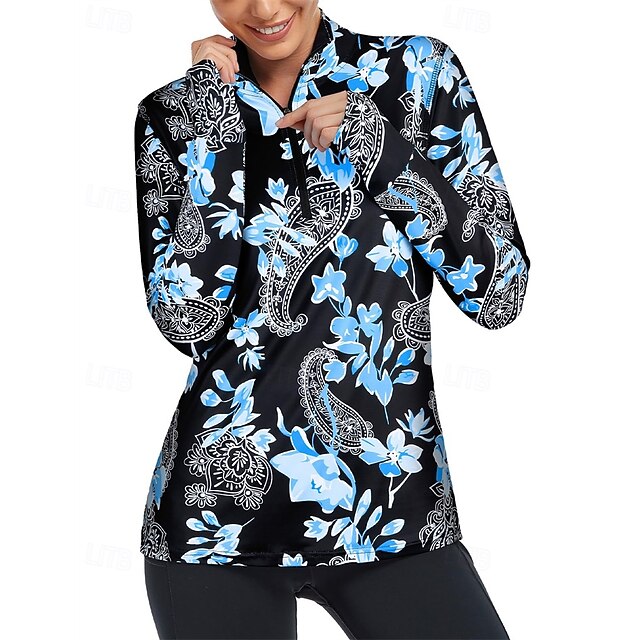Women's Floral Botanical Golf Polo Shirt Tennis Shirt Long Sleeve Print Quarter Zip Pullover UV Protection Elastic Breathable Tennis Golf Pickleball Zip Collar Shirt Polo Blue Tennis Clothing3