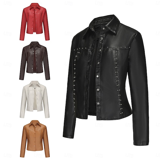  Women's Faux Leather Jacket Comfortable Buttons Fashion Street Style Plain Outdoor Casual Daily Regular Turndown Regular Fit Long Sleeve Outerwear Black Red Camel Spring Fall
