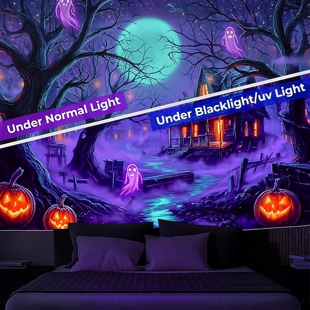 Halloween Blacklight Wall Tapestry – UV Reactive Haunted Path