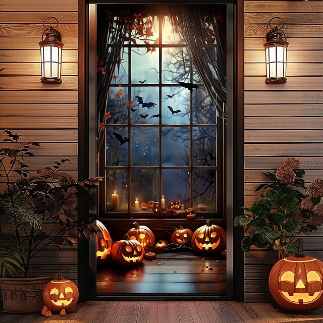 Halloween Door Cover – Haunted House Corridor with Blue Moonlight, Spooky Entrance Banner, Scary Outdoor 2025 Halloween Decoration for Bedroom, Living Room, Bathroom3