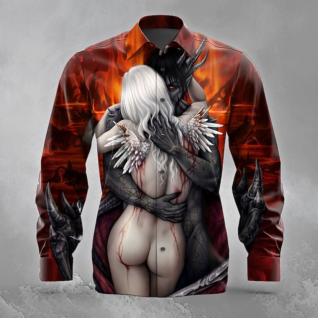  Herren Blutspritzer Engel & Teufel Blutflecken Hemd Knopfhemd Langarm Dunkler Gothic-Stil Ferien Streetwear Sommer Frühling Umlegekragen 3D-Druck Hemden mit Kragen Orange