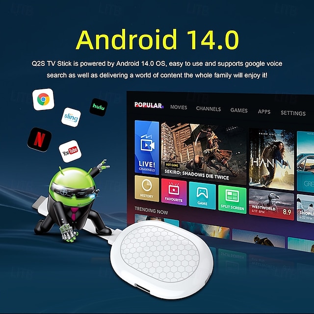  Fábrica diretamente Android 14 Allwinner H313 TV Stick Mortal Q2S Dongle Suporte YouTube Google WiFi6 BT5.0 8K Controle Remoto de Voz TV Box