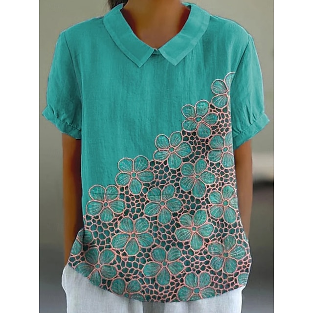  Mulheres Camisa Social Floral Diário Casual Manga Curta Colarinho de Camisa Tops regulares Diário Feriado Botões Imprimir Azul Verão Primavera