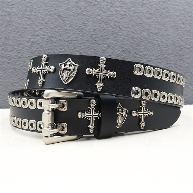  Homme Ceinture Ceinture Taille Noir Derme Alliage Durable Ajustable Uni Croix Crânes Extérieur Quotidien