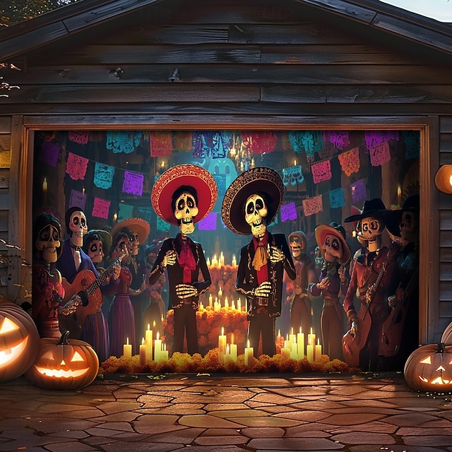  Cubierta de Puerta de Garaje Halloween Banner de Fondo – Esqueleto del Día de los Muertos con Cempasúchil Decoración Exterior para Jardín de Casa en Halloween 2025