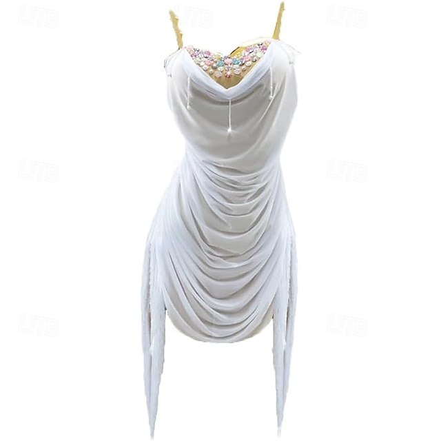  Abito da ballo latino con nappa di strass, per donna, per spettacoli di salsa, senza maniche, samba, cha cha, rumba, abbigliamento da ballo da palcoscenico