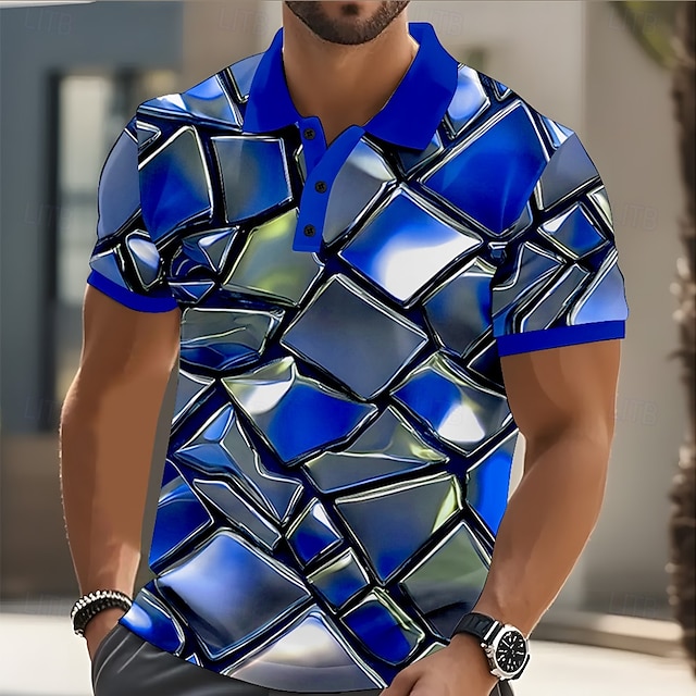  Herren Geometrisch Polo Kurzarm Polo-Shirts Hemden mit Kragen Lässig Outdoor Straße Athleisure 3D-Druck Knöpfe Sommer Rote Blau Grün