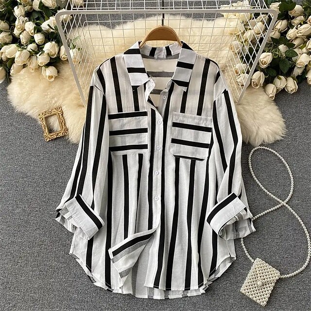 Women's Shirt Striped Daily Stylish Basic Long Sleeve Shirt Collar Regular Tops Work Daily Holiday Buttons Black Yellow Orange Spring Fall4