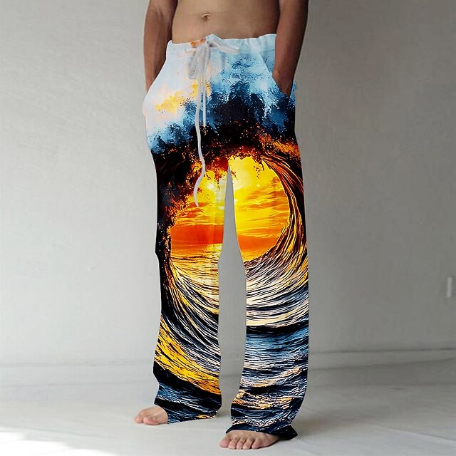 Men's Trousers Baggy Pants Casual Pants Elastic Drawstring Waist Linen-Like Pants with Pockets Optical Illusion Ocean Sunset Full Length Outdoor Vacation Hawaiian Blue Inelastic4