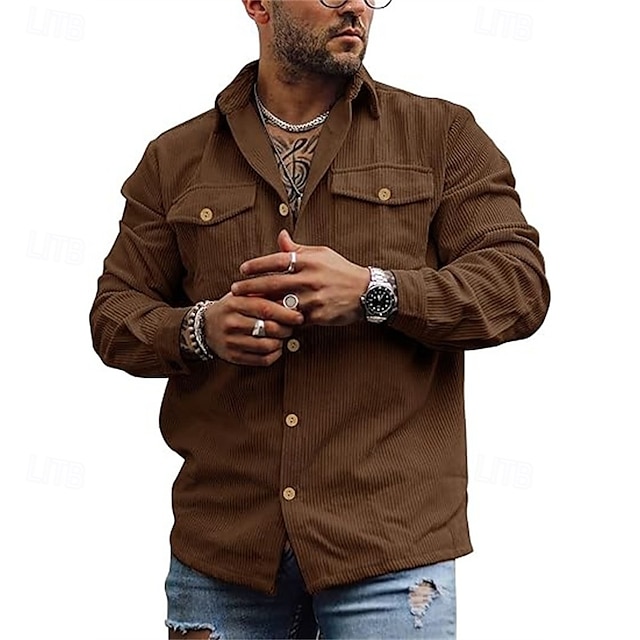  Herren Leichte Jacke Cordjacke Cargo-Jacke Freizeitjacke Urlaub Täglich Tasche Frühling Herbst Einfach Mode Klassisch Revers Regulär Schwarz Marineblau Braun Beige Grau Jacken