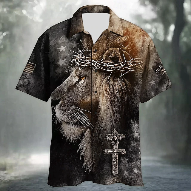 Men's Animal Lion Templar Cross Shirt Summer Shirt Button Up Shirt Short Sleeve Vintage Retro Outdoor Vacation Dailywear Summer Spring Turndown 3D Print Collared Shirts Black4