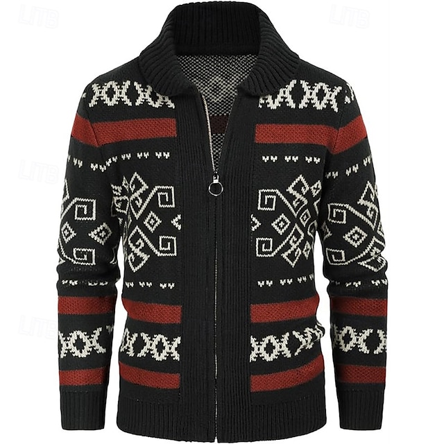  Homens Sueter Cardigan Suéter Cortado Suéter com zíper Suéter de malha Estriado Tricotar Tops regulares Zíper Losango Lapela Moda Clássico Férias Roupa Diária Roupa Outono Inverno Preto Vermelho S M L