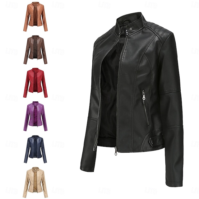  Women's Faux Leather Jacket Comfortable Pocket Full Zip Fashion Street Style Plain Outdoor Casual Daily Regular Stand Collar Regular Fit Long Sleeve Outerwear Black Red Camel Spring Fall