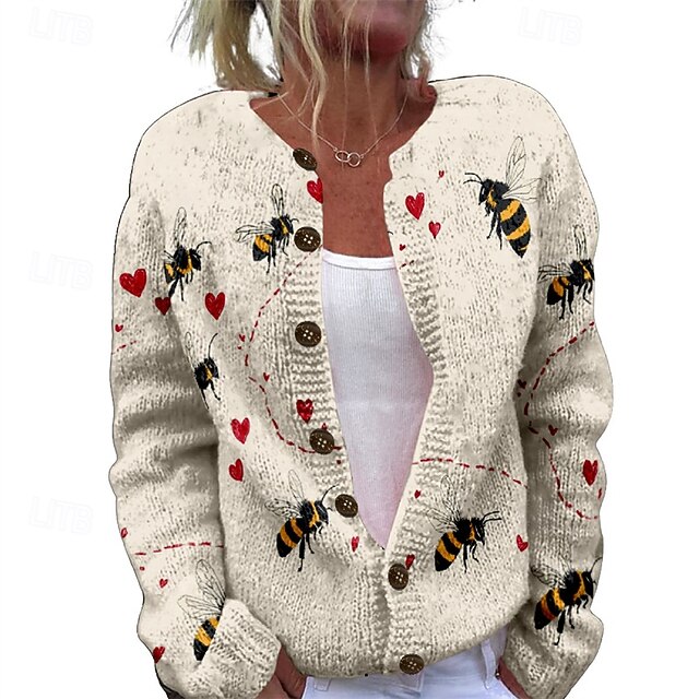 Women's Sweater Cardigan Fashion Streetwear Daily Animal Ribbed Open Front Knitted Print Long Sleeve Long Tops Knit Holiday Going out Weekend Yellow Khaki Fall Winter4