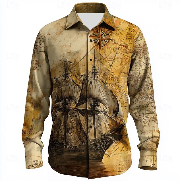 Men's Nautical Sailboat Shirt Button Up Shirt Casual Dress Shirt Long Sleeve Vintage Retro Vacation Daily Streetwear Summer Spring Turndown 3D Print Collared Shirts Khaki4