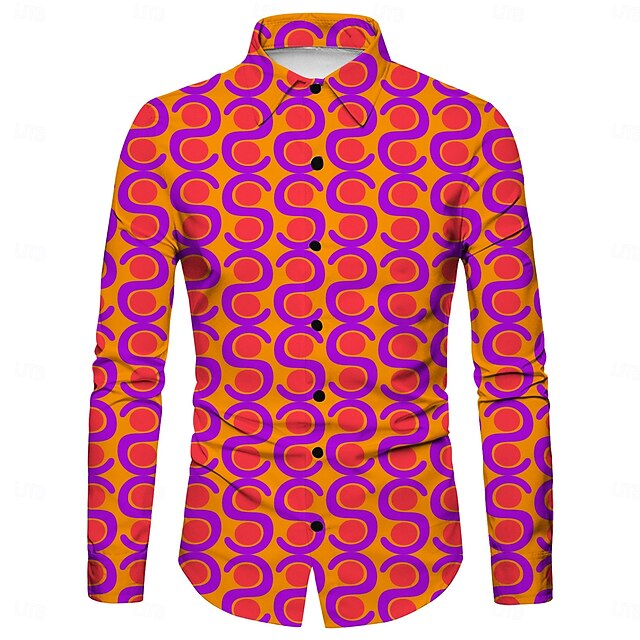 Chemise Rétro Années 70 Homme Manches Longues – Imprimé 3D Urbain & Hawaïen, Style Vintage Décontracté (Orange S)