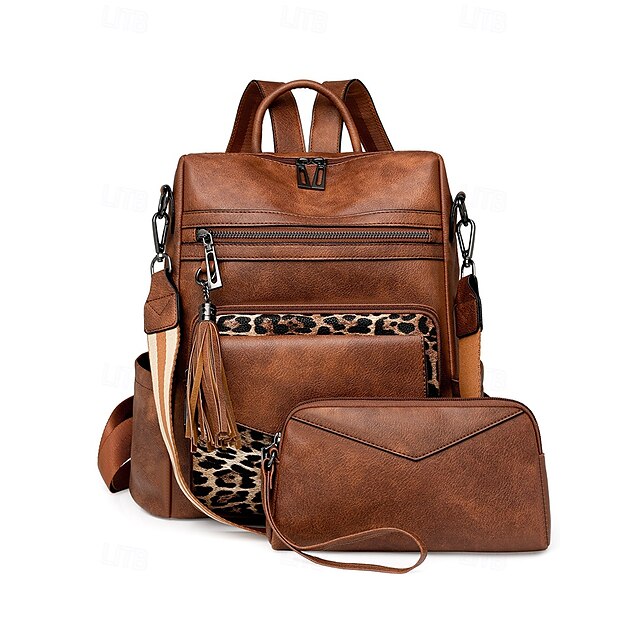  Lot de deux sacs à dos et portefeuilles en similicuir imprimé léopard pour femme - Sac à bandoulière convertible avec pompons pour l'école, les voyages et le shopping au quotidien
